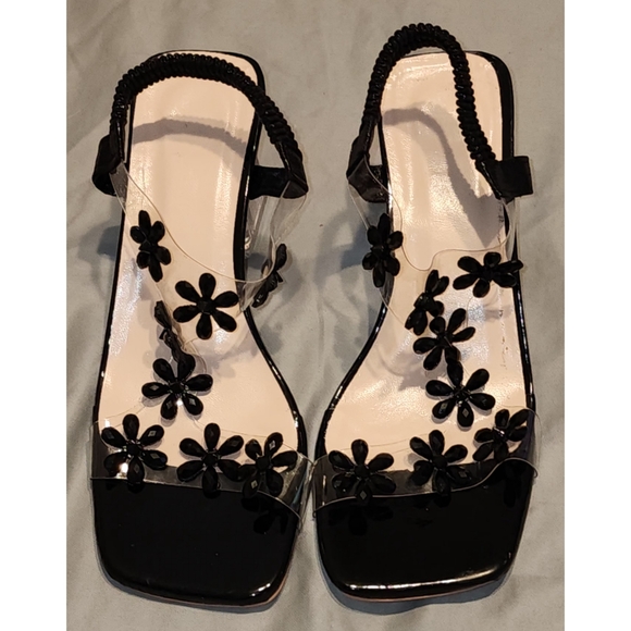 New Women's Dress Sandals Black Floral w/ Clear Acrylic Heels Size 41 (1… - Picture 4 of 13